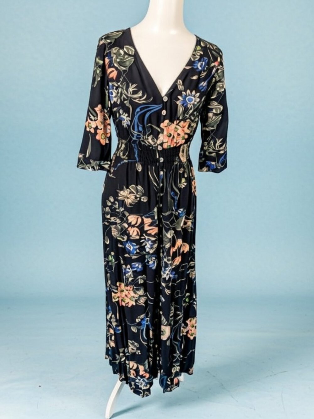 Navy Blue and Pink Floral Maxi Dress by Black Swan
